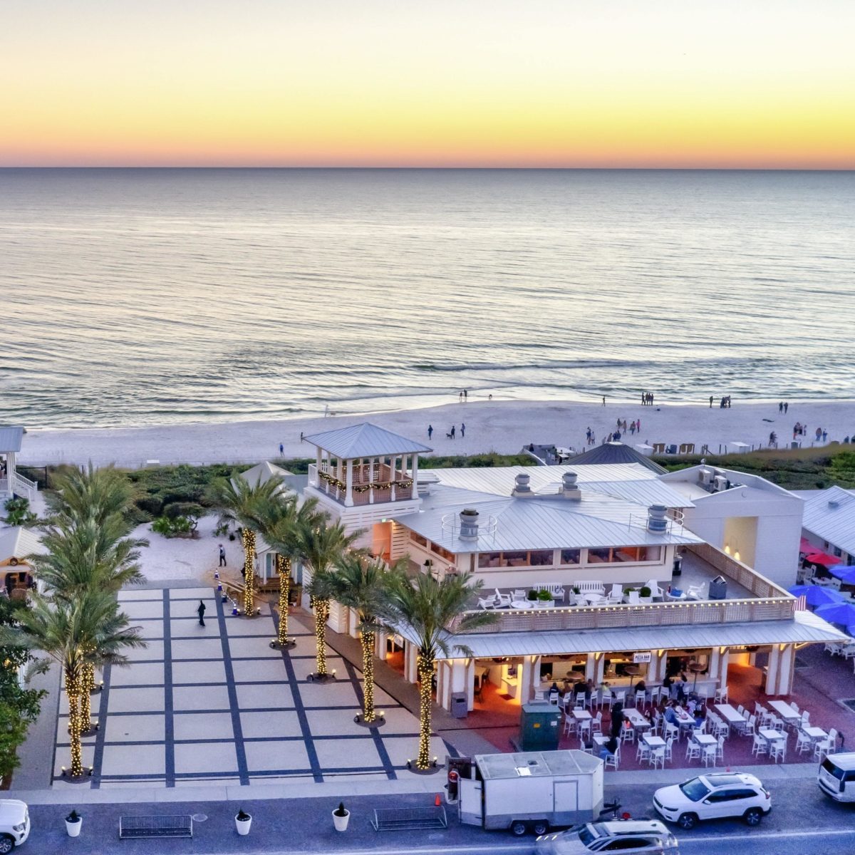 Aerial view of Seaside beach and restaurants