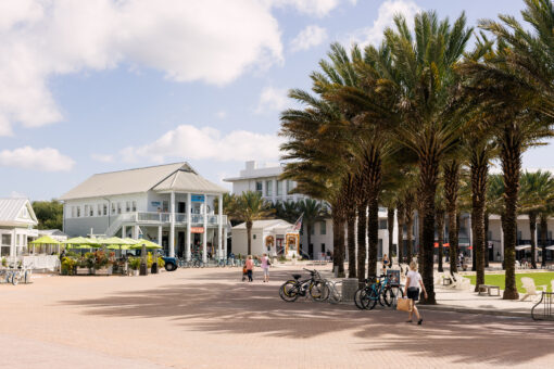 Panoramic View of Seaside Community Center: Park, Restaurant, Houses, and People Enjoying a Sunny Day in Seaside, Florida